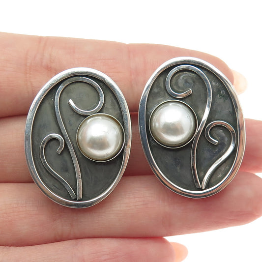 CELIA SEBIRI Sterling Silver Vintage Pearl Modernist Oxidized Clip On Earrings