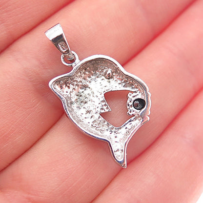 925 Sterling Silver Real Round-Cut Black Spinel Dolphin Charm Pendant