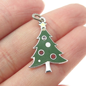 BEAU 925 Sterling Silver Antique Art Deco Enamel Christmas Tree Charm Pendant