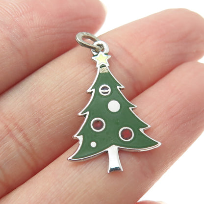 BEAU 925 Sterling Silver Antique Art Deco Enamel Christmas Tree Charm Pendant