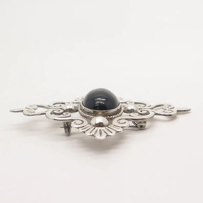 925 Sterling Silver Vintage Mexico Real Black Onyx Gemstone Ornate Pin Brooch