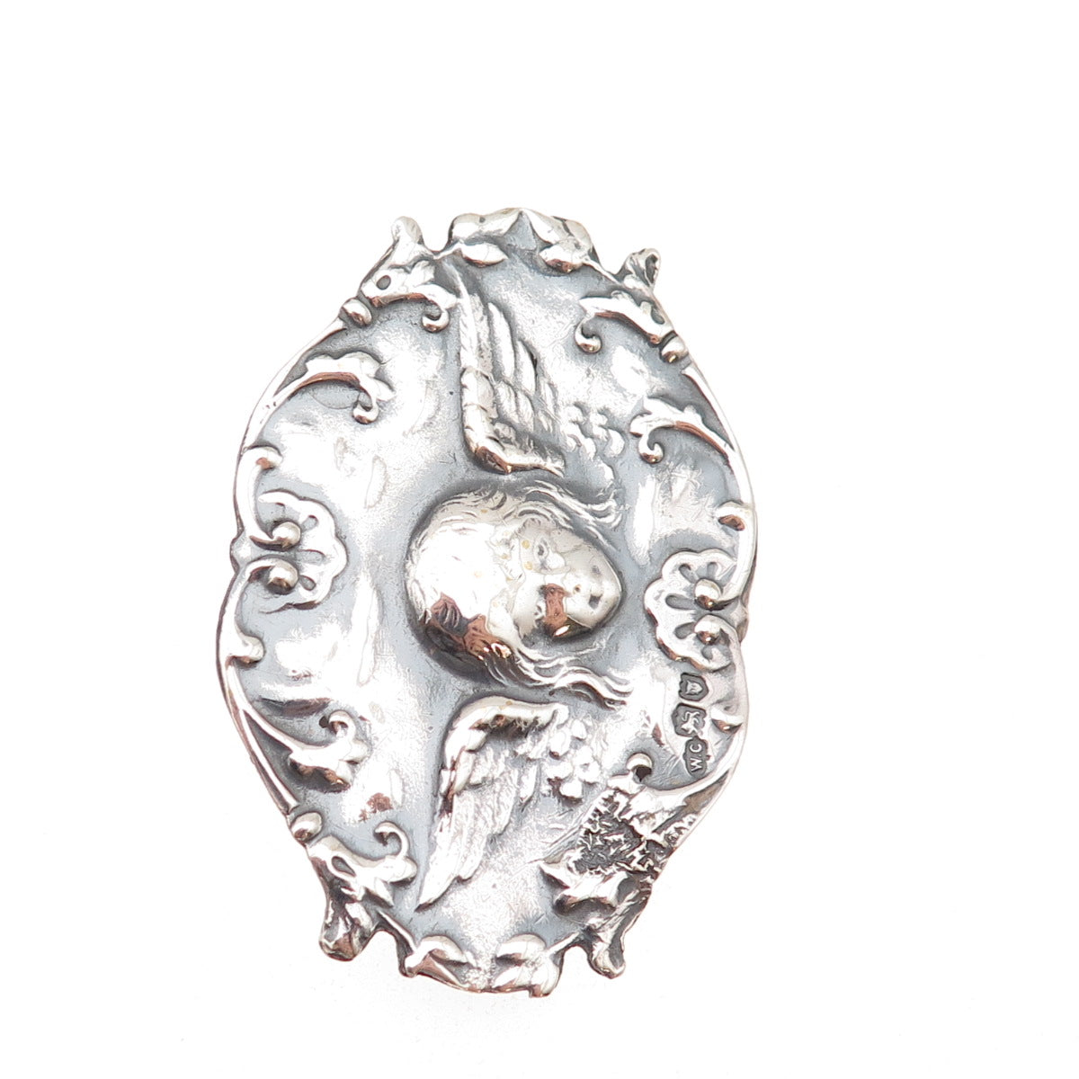 925 Sterling Silver Antique Art Deco Angel Repousse Oxidized Pin Brooch
