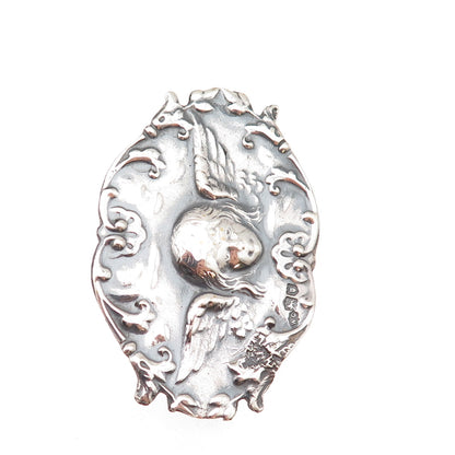 925 Sterling Silver Antique Art Deco Angel Repousse Oxidized Pin Brooch