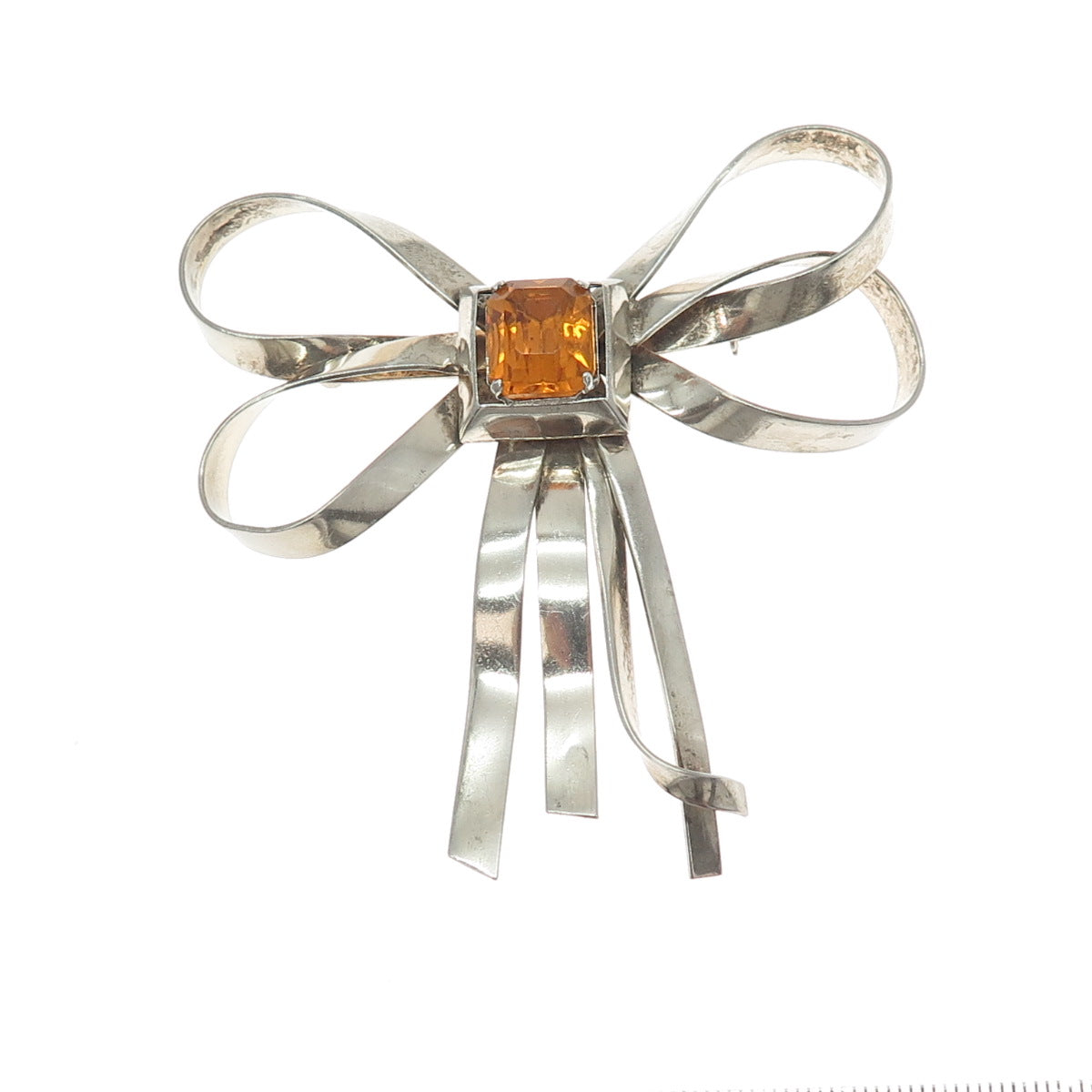 925 Sterling Silver Antique Art Deco Real Citrine Bow Pin Brooch