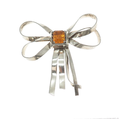 925 Sterling Silver Antique Art Deco Real Citrine Bow Pin Brooch