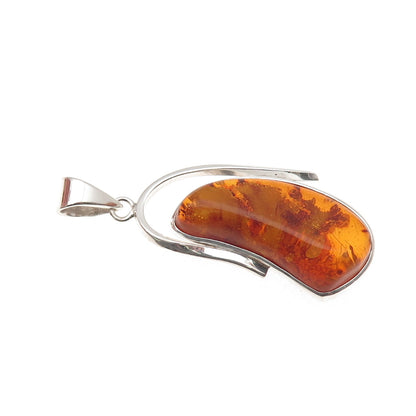 925 Sterling Silver Vintage Real Amber Modernist Charm Pendant