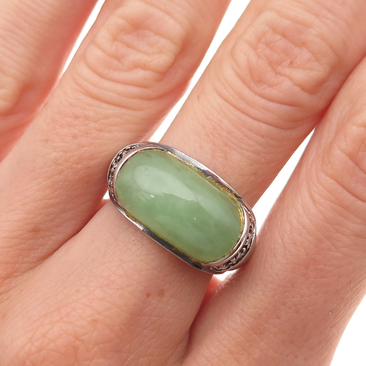 Gold Stone 925 Sterling Silver Vintage Real Jade Oxidized Ring Size 6.25
