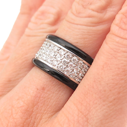 925 Sterling Silver Real Black Onyx & C Z Wide Band Ring Size 7.25