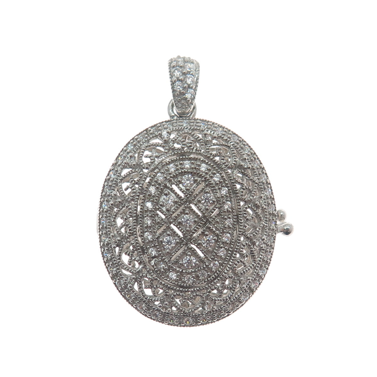 925 Sterling Silver Round-Cut Shaped C Z Ornate Oval Locket Pendant