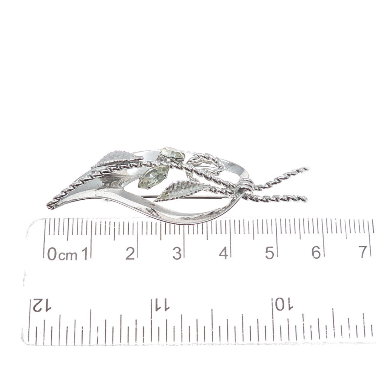 VAN DELL 925 Sterling Silver Antique Art Deco Rhinestone Leaf Pin Brooch