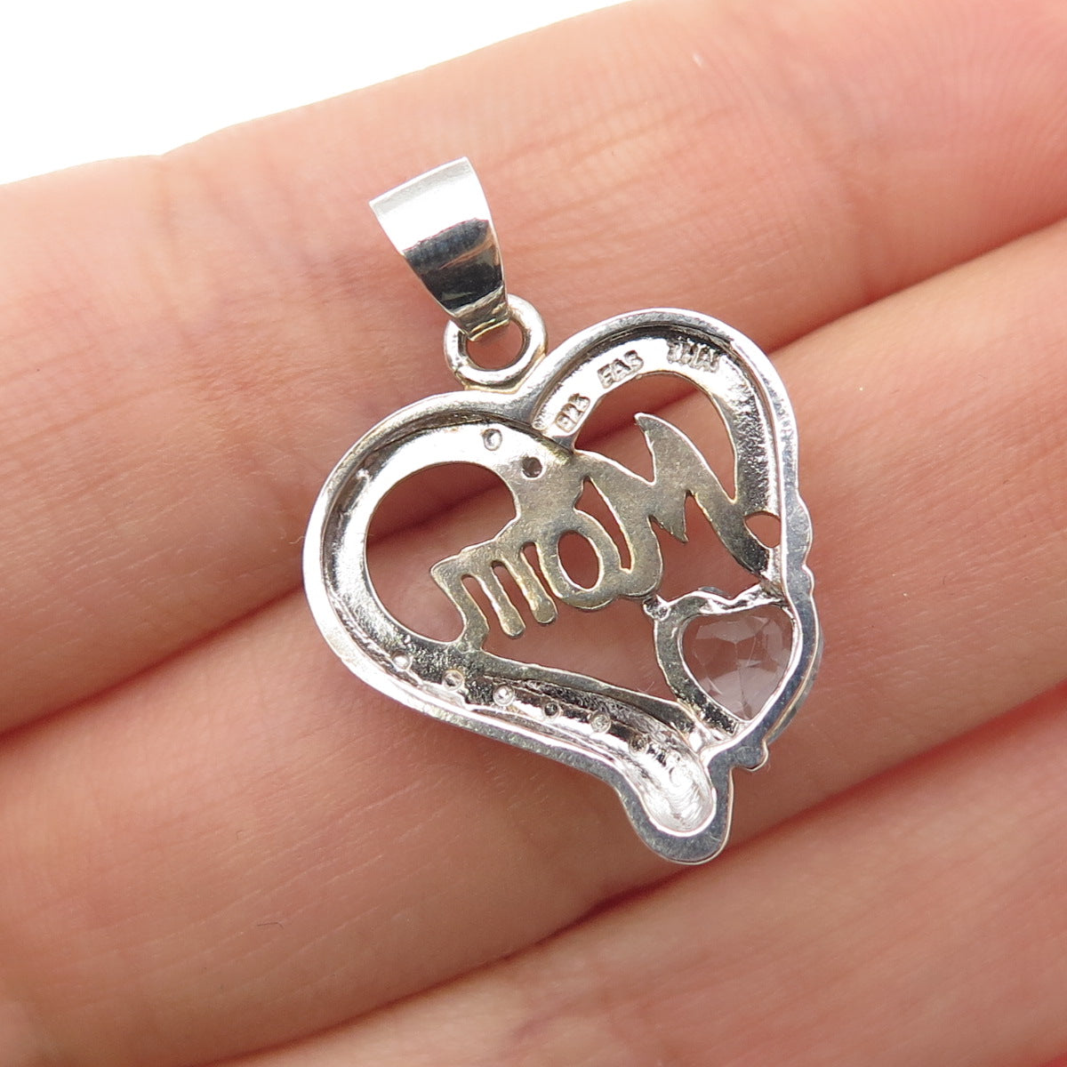 925 Sterling Silver Real Diamond Accent & Blue Topaz Mom Heart Charm Pendant