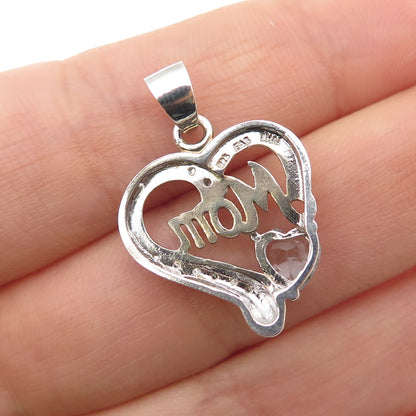 925 Sterling Silver Real Diamond Accent & Blue Topaz Mom Heart Charm Pendant