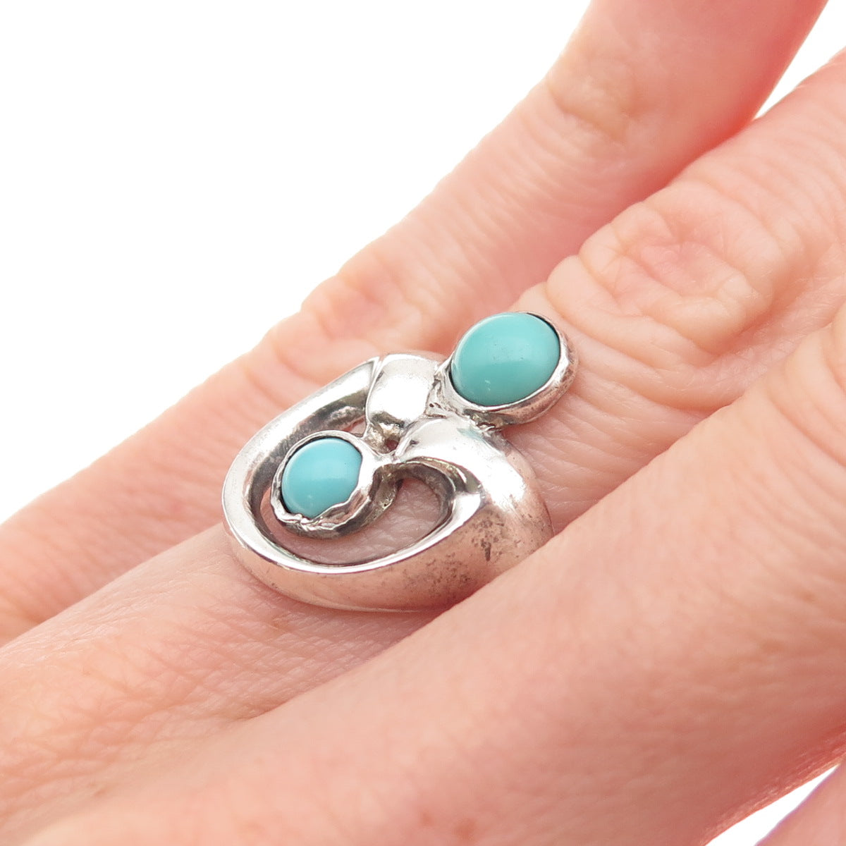 925 Sterling Silver Vintage Real Turquoise Modernist Oxidized Ring Size 5