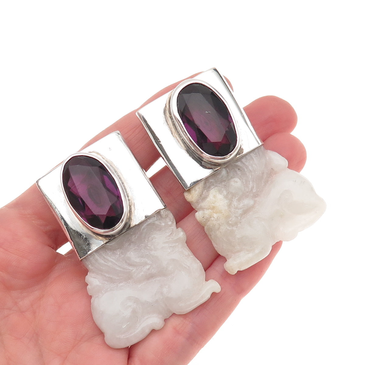 925 Sterling Vintage Real Jade & Amethyst Foo Dog Heavy 52.0g Clip On Earrings