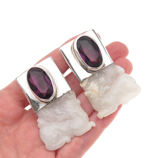 925 Sterling Vintage Real Jade & Amethyst Foo Dog Heavy 52.0g Clip On Earrings