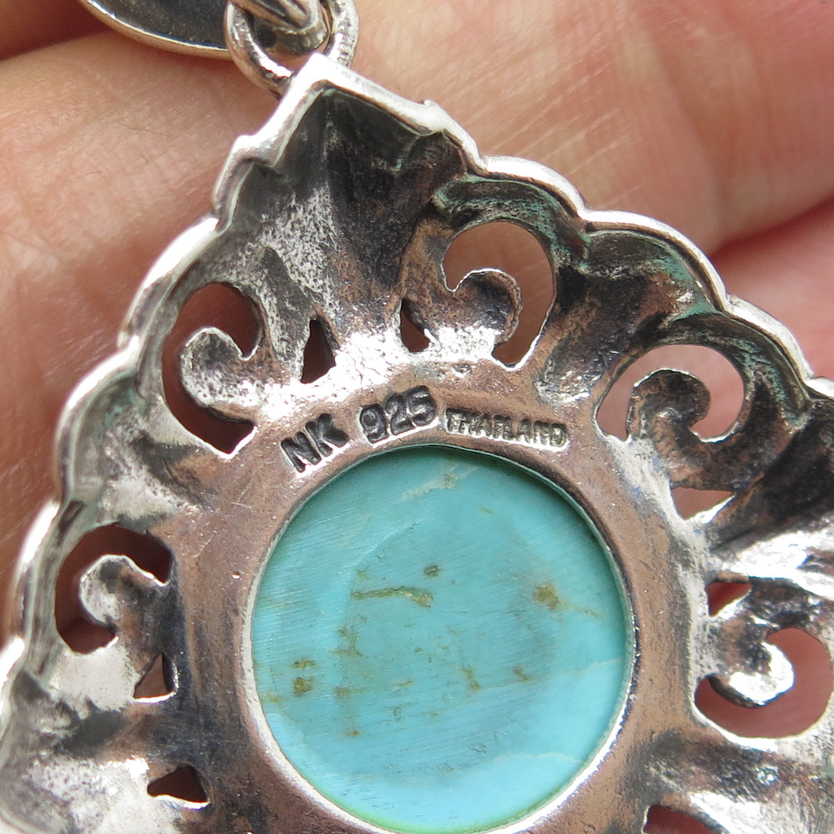 NK SILVER 925 Sterling Silver Vintage Real Cabochon Turquoise Ornate Pendant