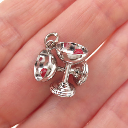 925 Sterling Silver Vintage Enamel Champagne Glasses 3D Mini Charm Pendant