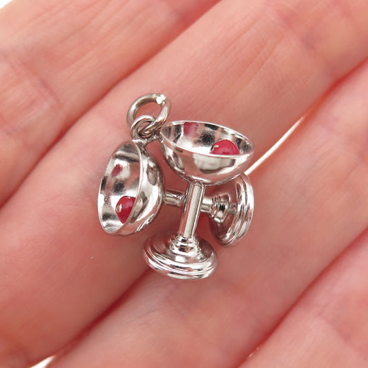 925 Sterling Silver Vintage Enamel Champagne Glasses 3D Mini Charm Pendant
