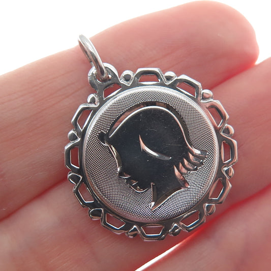 A & Z 925 Sterling Silver Vintage Diamond-Cut Girl's Face Profile Charm Pendant