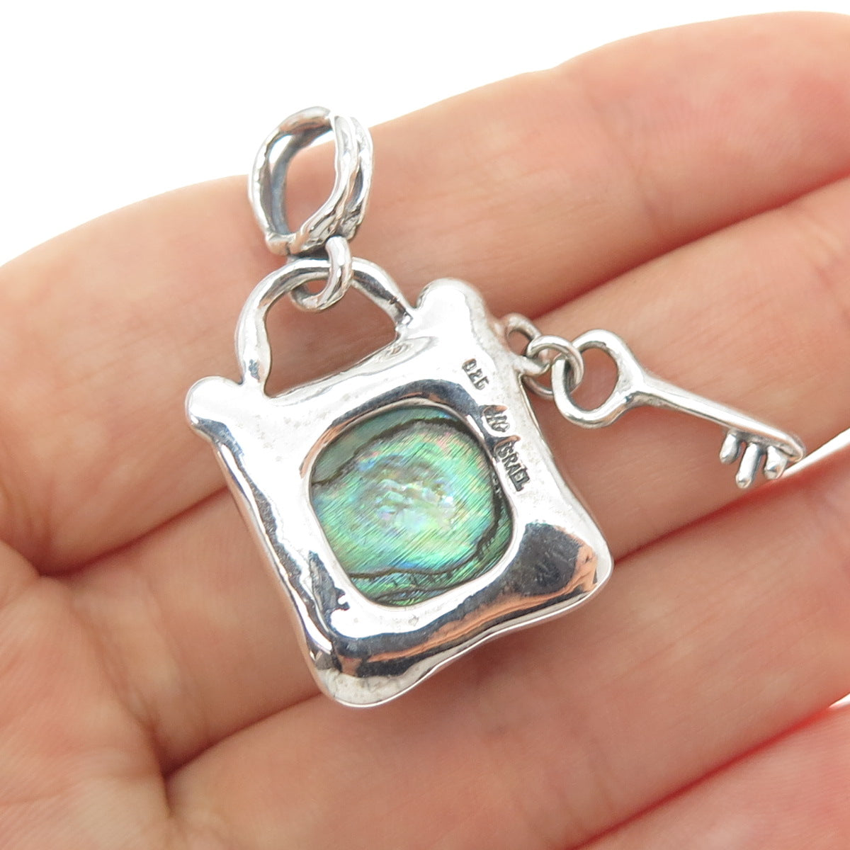 HAGIT GORALI Sterling Vintage Israel Abalone Shell Modernist Lock & Key Pendant
