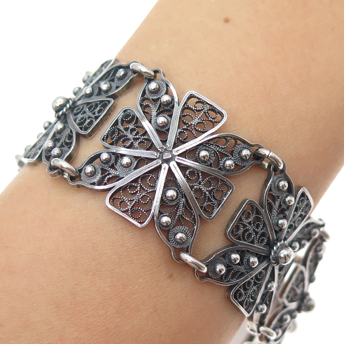 925 Sterling Silver Vintage GHG Artisan Cross Filigree Oxidized Bracelet 7.25"