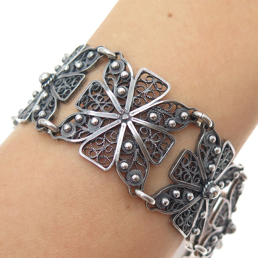 925 Sterling Silver Vintage GHG Artisan Cross Filigree Oxidized Bracelet 7.25"