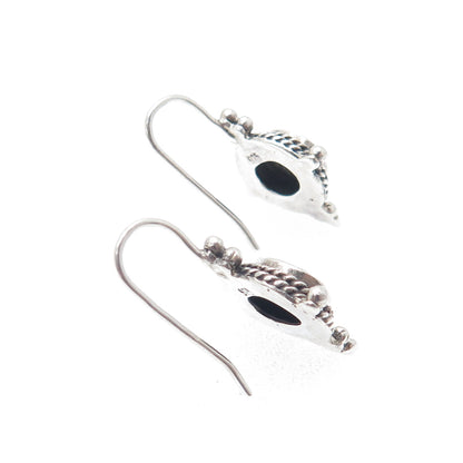 925 Sterling Silver Vintage Real Black Onyx Beaded Oxidized Earrings