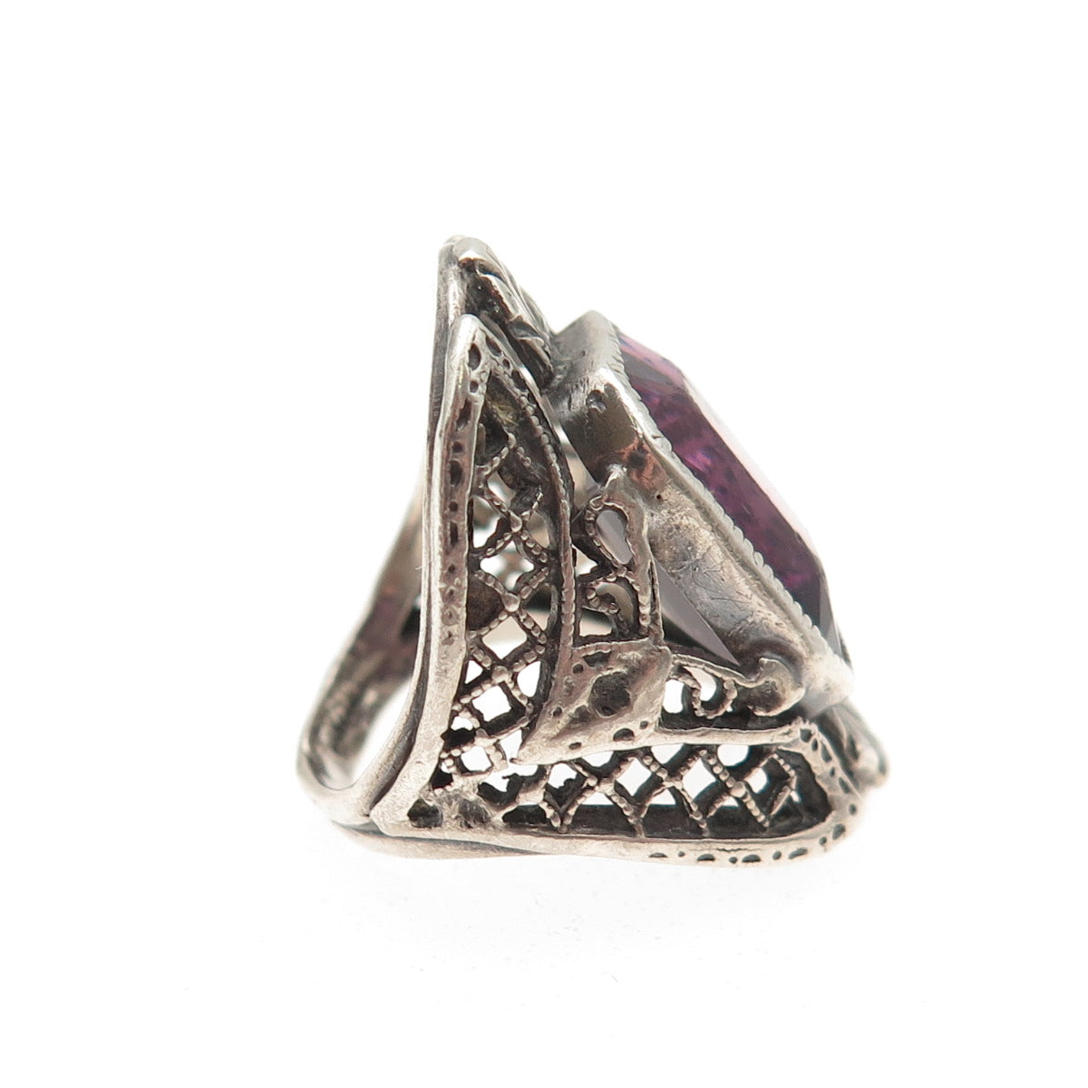 925 Sterling Silver Antique Art Deco Real Emerald-Cut Amethyst Ring Size 2