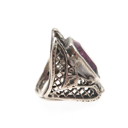 925 Sterling Silver Antique Art Deco Real Emerald-Cut Amethyst Ring Size 2