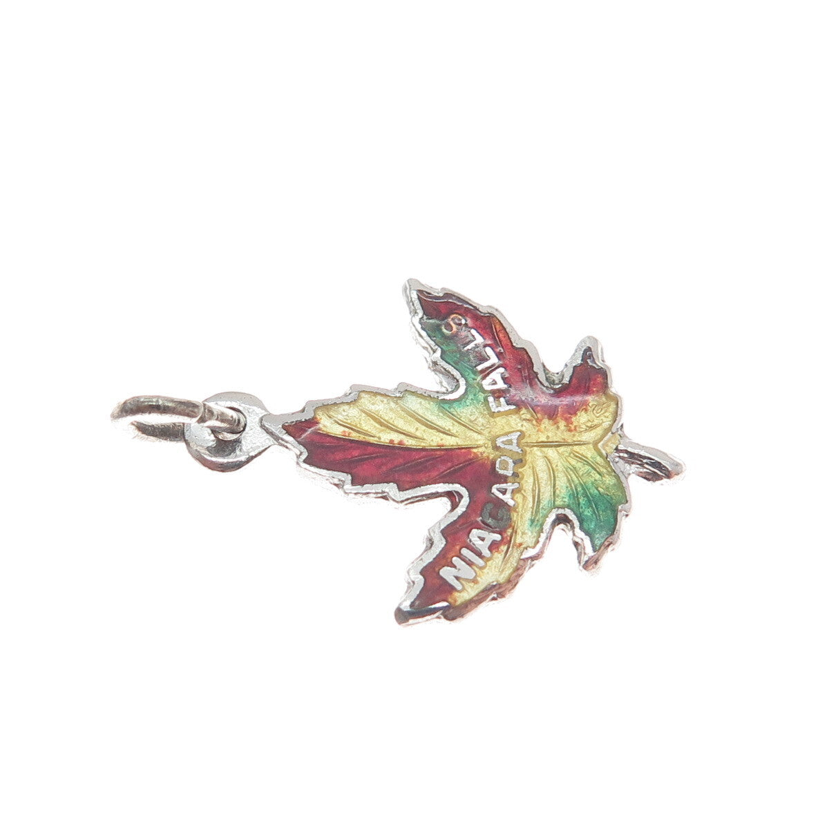 BMCO 925 Sterling Silver Antique "Niagara Falls" Enamel Maple Leaf Charm Pendant