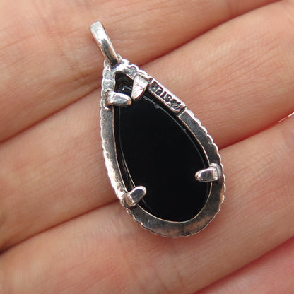 CAROLYN POLLACK 925 Sterling Silver Vintage Real Black Onyx Floral Charm Pendant
