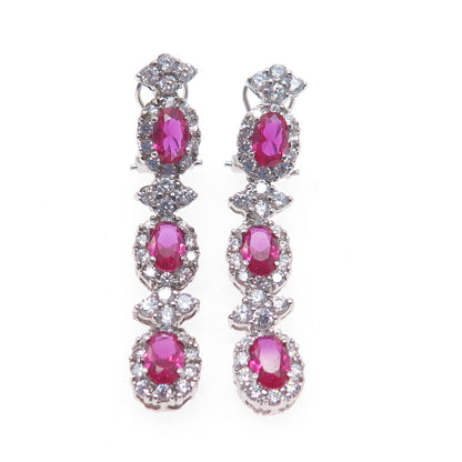 925 Sterling Silver Lab-Created Ruby & C Z Dangle Omega Back Earrings