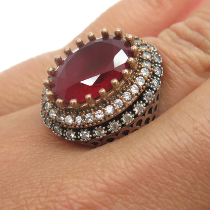 925 Sterling Silver 2-Tone Vintage Red Glass & White C Z Bohemian Ring Size 6.25