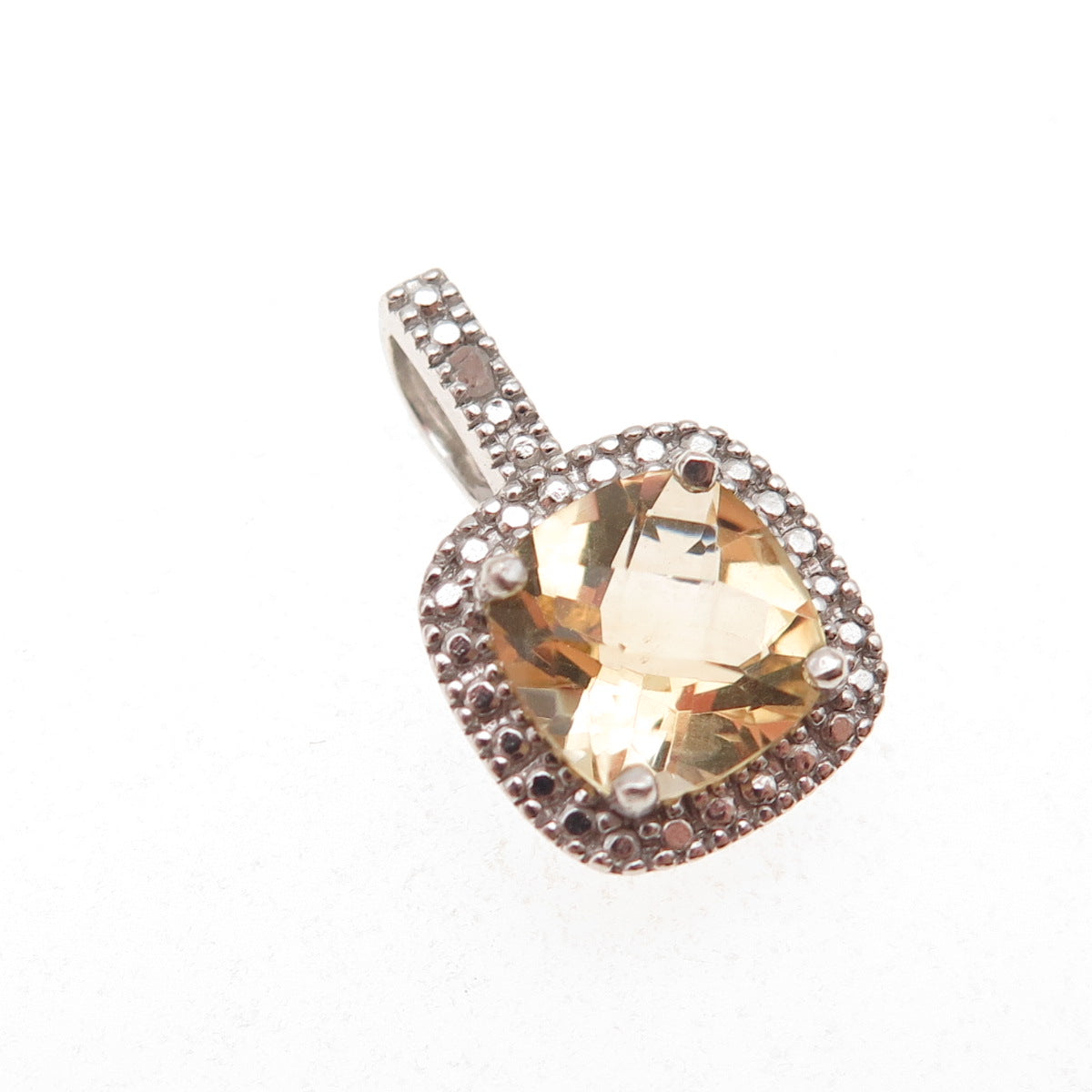 925 Sterling Silver Real Round-Cut Diamond & Cushion-Cut Citrine Charm Pendant