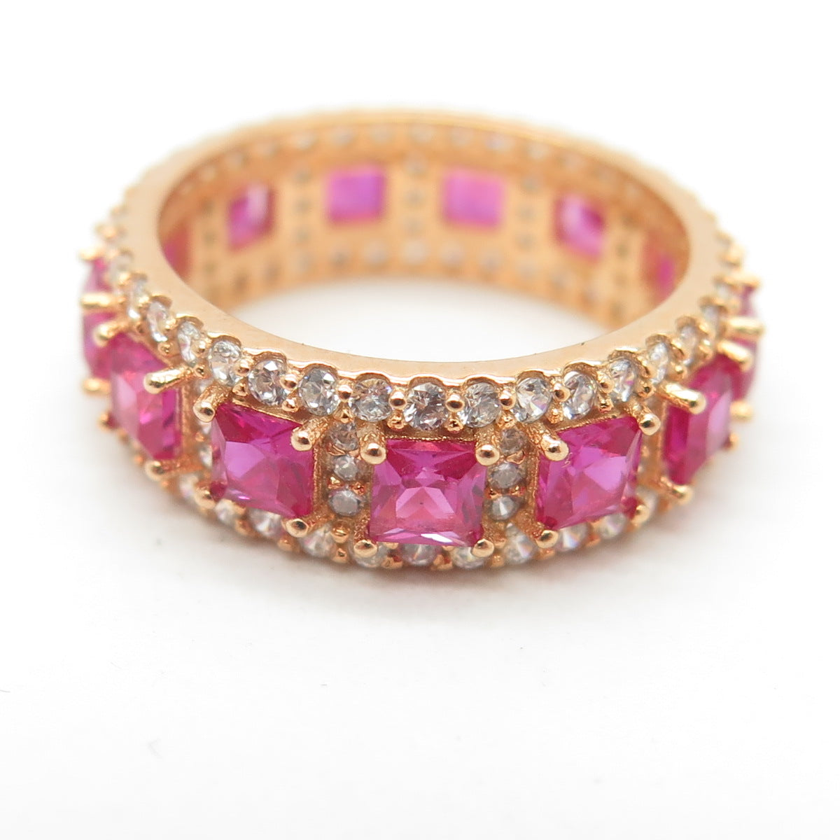 925 Sterling Silver Gold Plated Lab-Created Ruby & C Z Band Ring Size 5.25