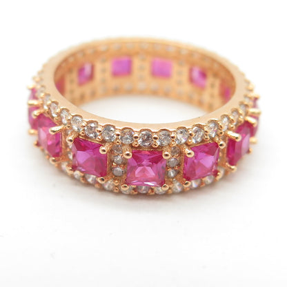 925 Sterling Silver Gold Plated Lab-Created Ruby & C Z Band Ring Size 5.25