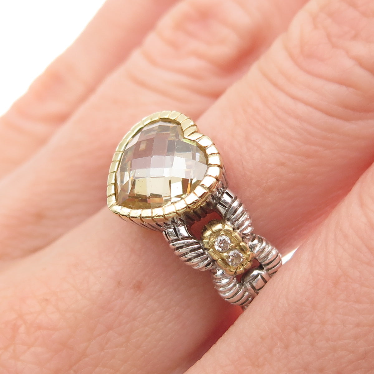 Judith Ripka Sterling Silver 18K Gold Real Diamond & Lemon Quartz Ring Size 7.5