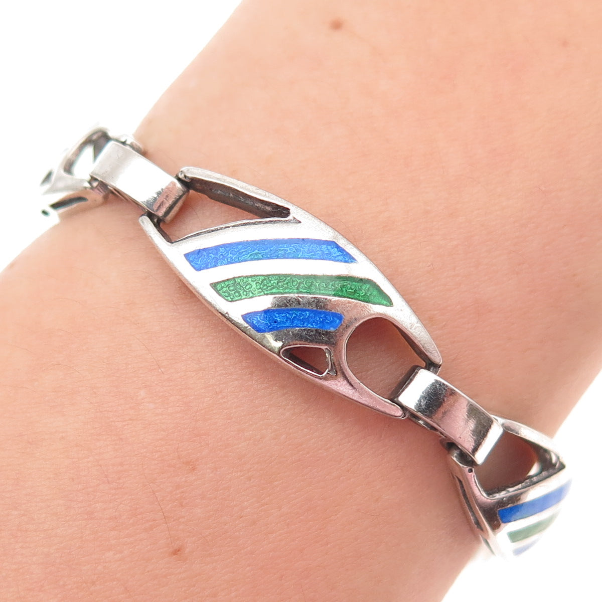 925 Sterling Silver Vintage Italy Enamel Modernist Panel Link Bracelet 7.25"