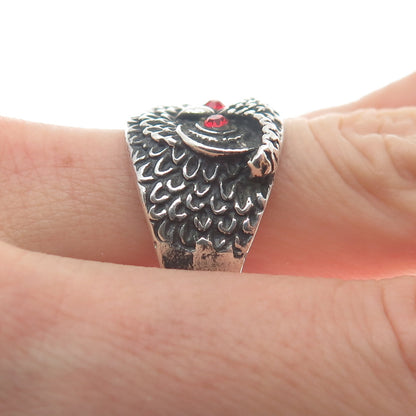 925 Sterling Silver Vintage Red Rhinestone Owl Bird Oxidized Ring Size 10.25