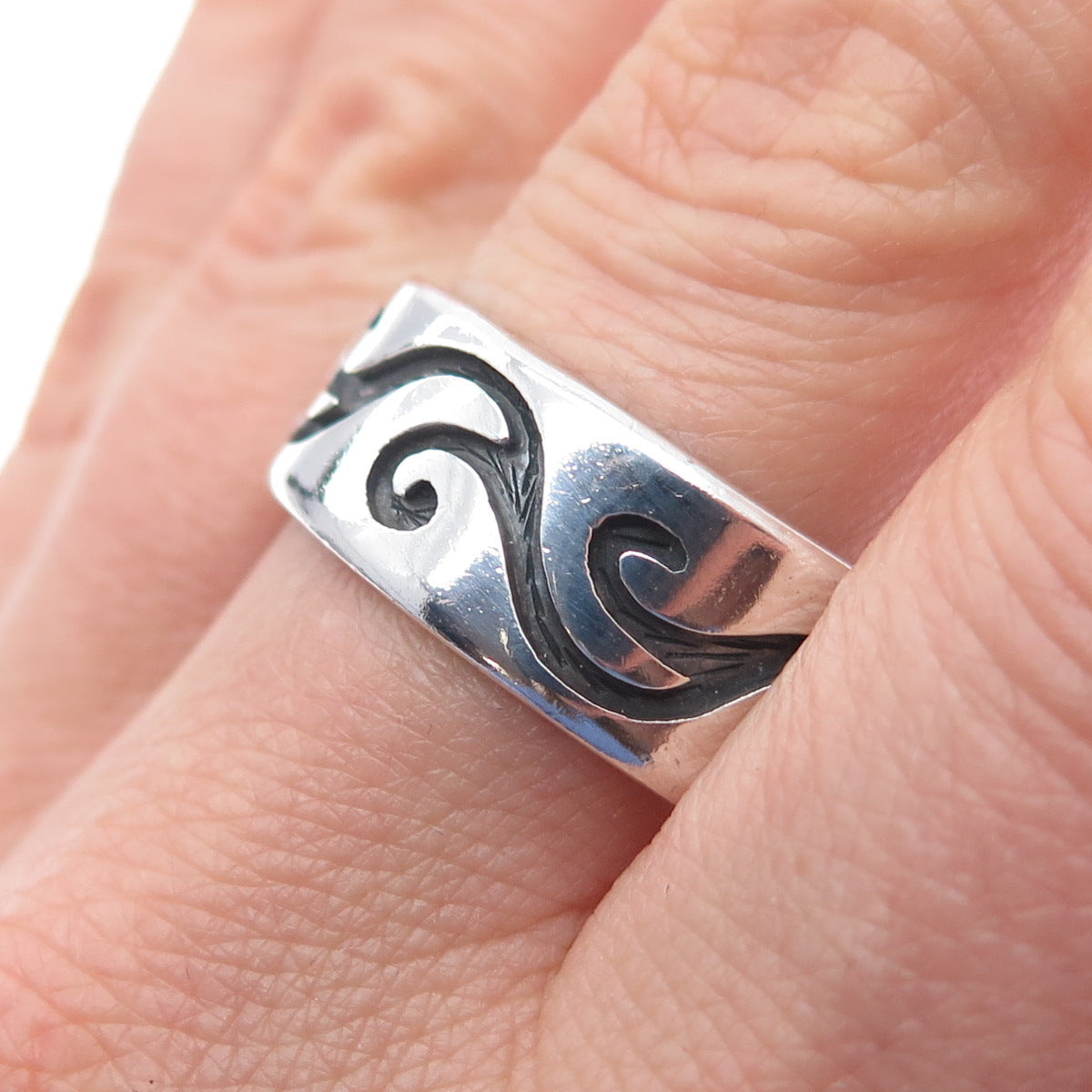 925 Sterling Silver Vintage Mexico Swirl Oxidized Band Ring Size 14