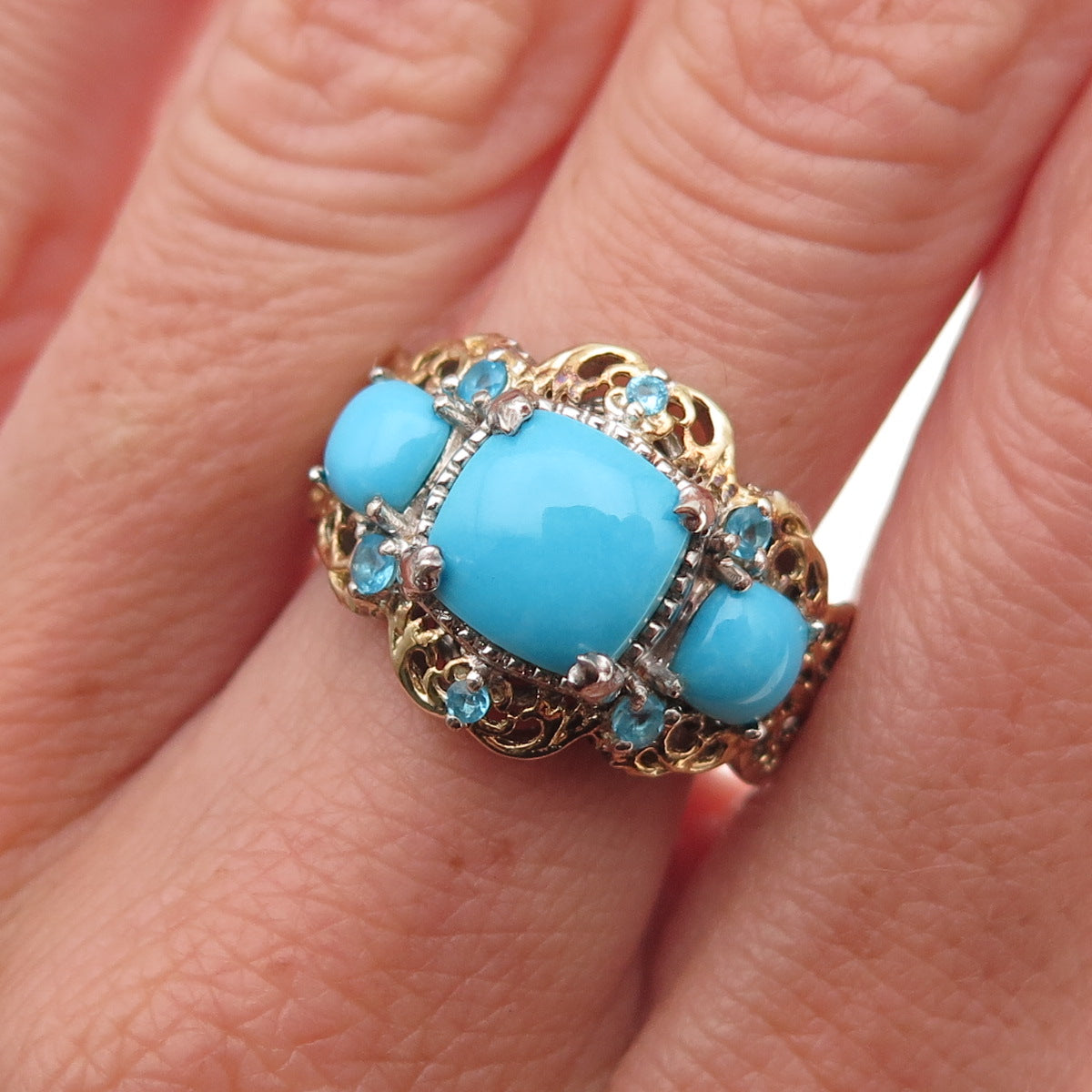 Chuck Clemency 925 Sterling Silver 2-Tone Real Turquoise Apatite Ring Size 8.25
