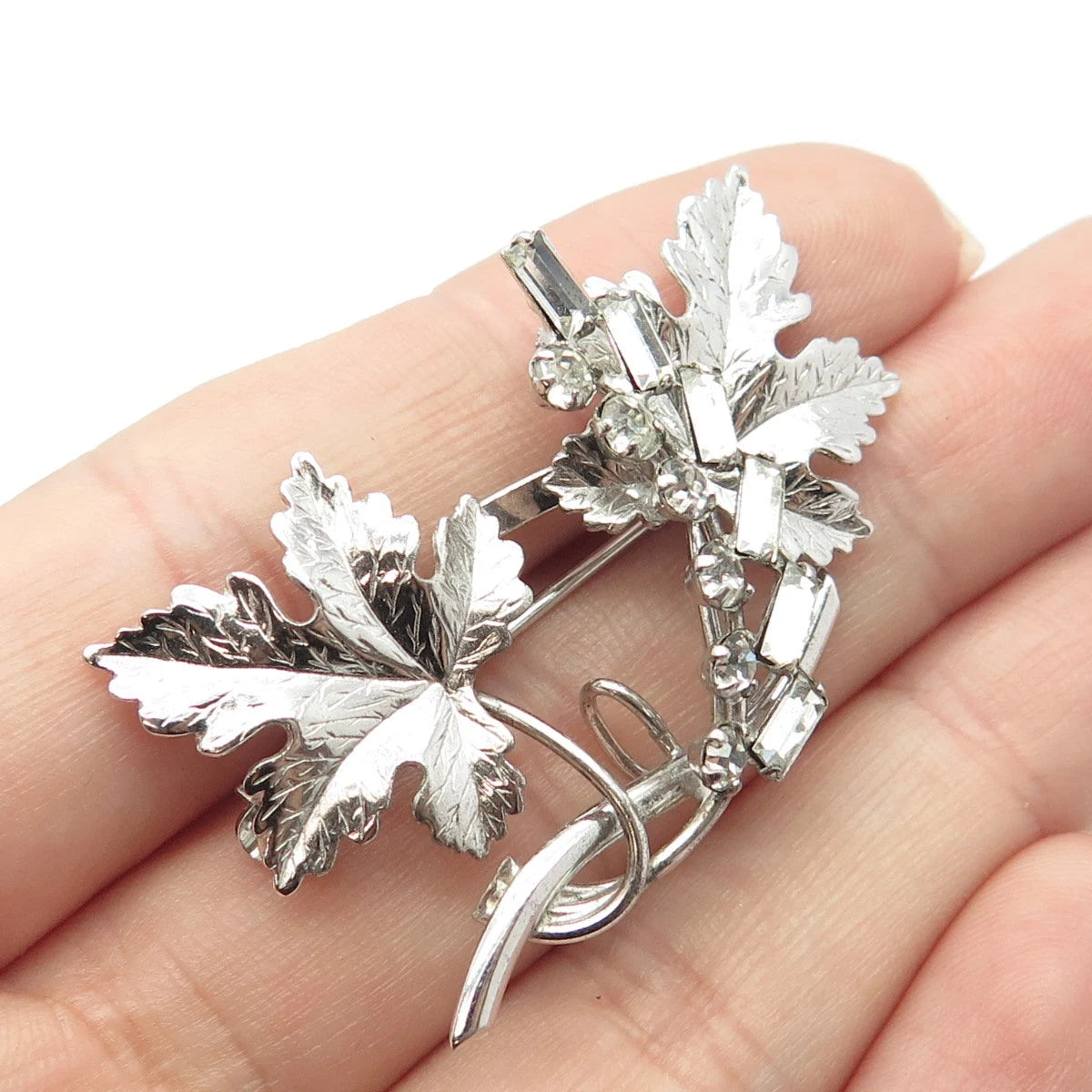925 Sterling Silver Vintage Carl Art Rhinestone Leaves Pin Brooch