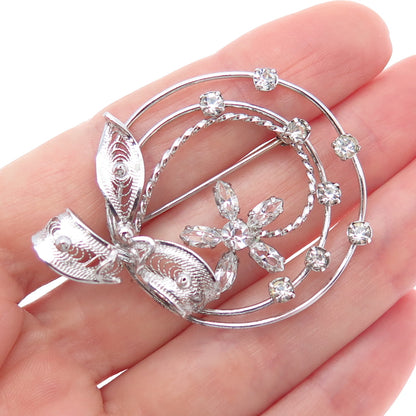 AM LEE Sterling Silver Antique Art Deco Rhinestone Floral Filigree Pin Brooch