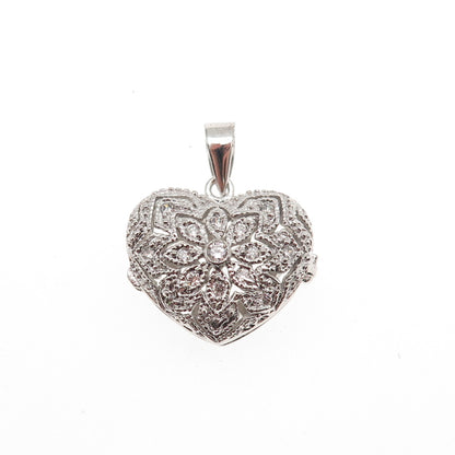 925 Sterling Silver Round-Cut C Z Heart Floral Locket Charm Pendant