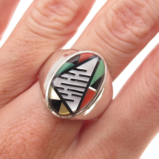 Old Pawn 925 Sterling Silver Vintage Turquoise Coral Black Onyx MOP Ring Size 11