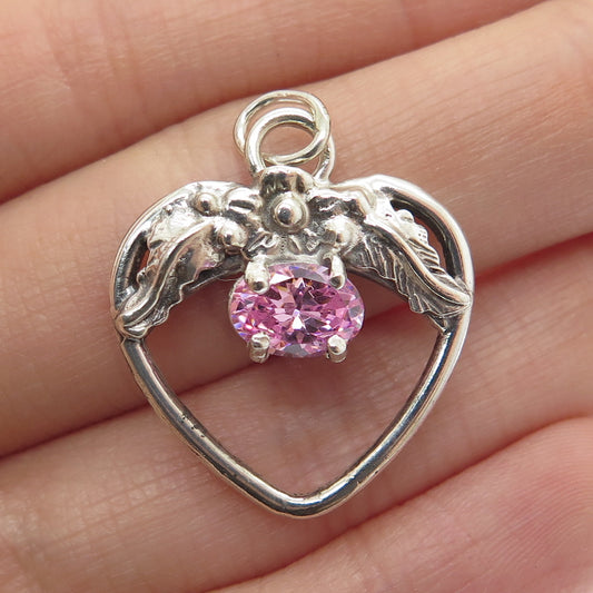 925 Sterling Silver Vintage Oval-Cut Pink C Z Flower Heart Pendant