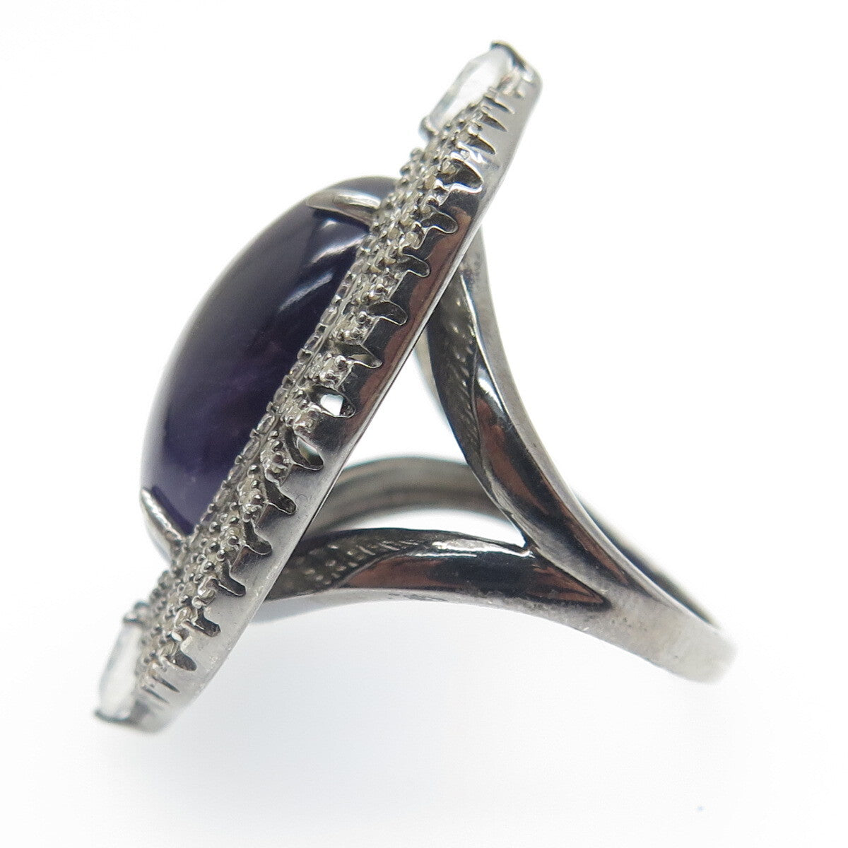 925 Sterling Silver Black Rhodium Vintage Amethyst Moonstone & Topaz Ring Size 7