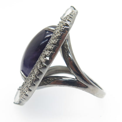 925 Sterling Silver Black Rhodium Vintage Amethyst Moonstone & Topaz Ring Size 7