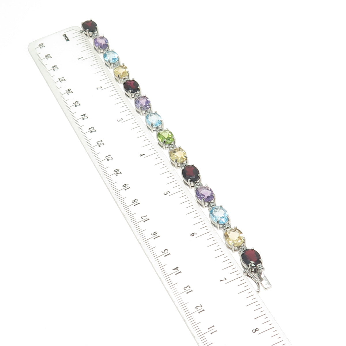 925 Sterling Silver Vintage Real Diamond Accent & Multi-Gem Tennis Bracelet 7"