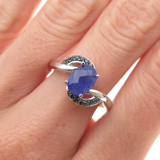 925 Sterling Silver Real Oval-Cut Tanzanite & Round-Cut Sapphire Ring Size 7.75